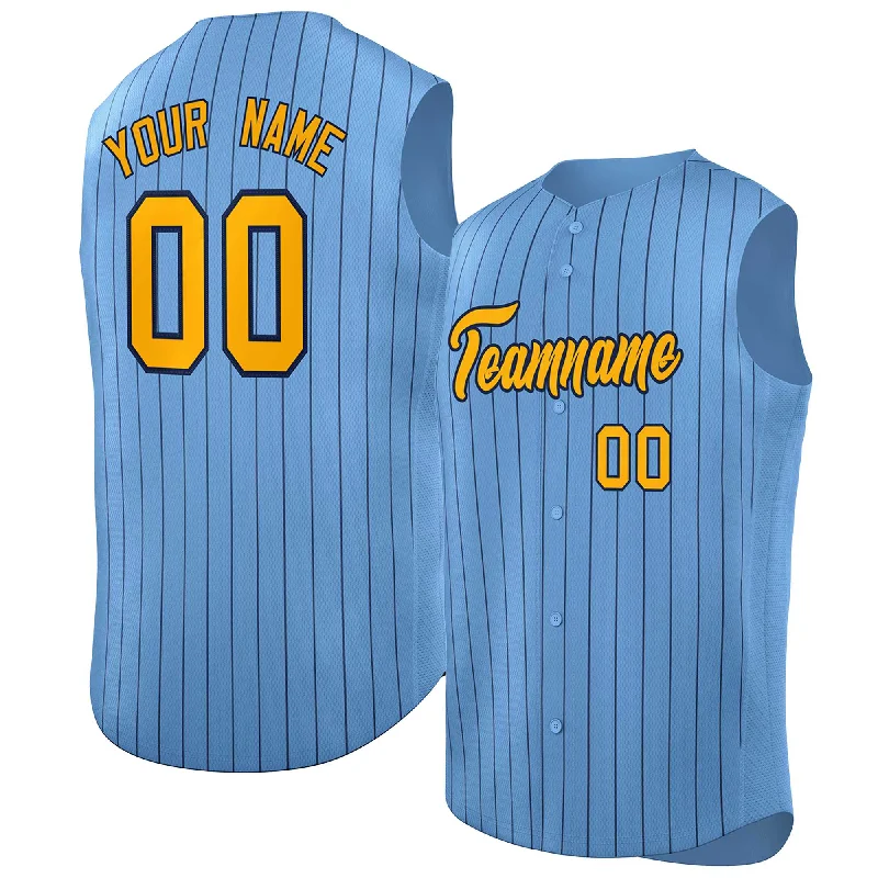 Baseball Jerseys with Zippered Neck for Versatility-Custom Light Blue Yellow-Navy Sleeveless Stripe Fashion Baseball Jersey