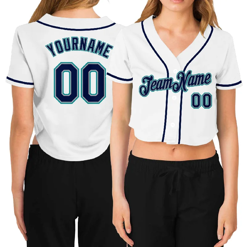 Baseball Jerseys with Adjustable Neck Design for Perfect Fit-Custom Women's White Navy Gray-Aqua V-Neck Cropped Baseball Jersey