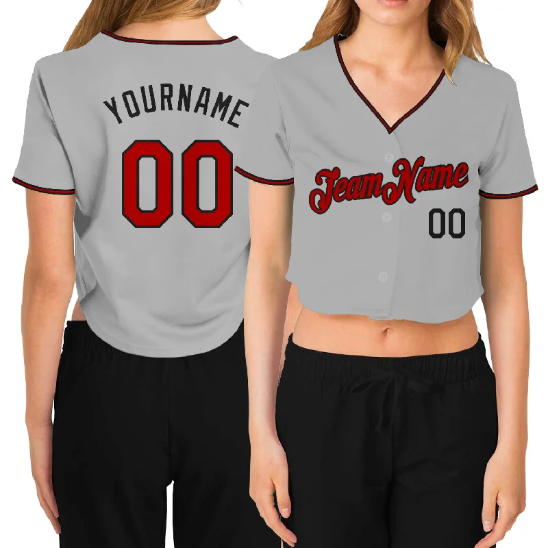 Baseball Jerseys with Full-Length Sleeves for Full Coverage-Custom Women's Gray Red-Black V-Neck Cropped Baseball Jersey