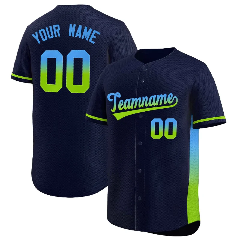 Baseball Jerseys with Custom Fit for Youth and Adults-Custom Navy Powder Blue-Neon Green Personalized Gradient Font And Side Design Authentic Baseball Jersey