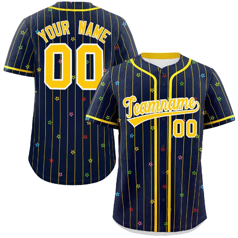 Custom Baseball Jerseys with Team Colors and Branding-Custom Navy Gold Stripe Fashion Personalized Star Pattern Authentic Baseball Jersey