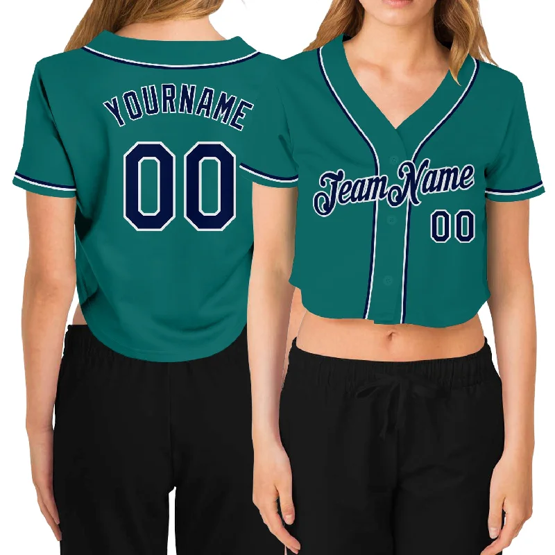 Baseball Jerseys with Contrast Collar for Stylish Touch-Custom Women's Aqua Navy-White V-Neck Cropped Baseball Jersey