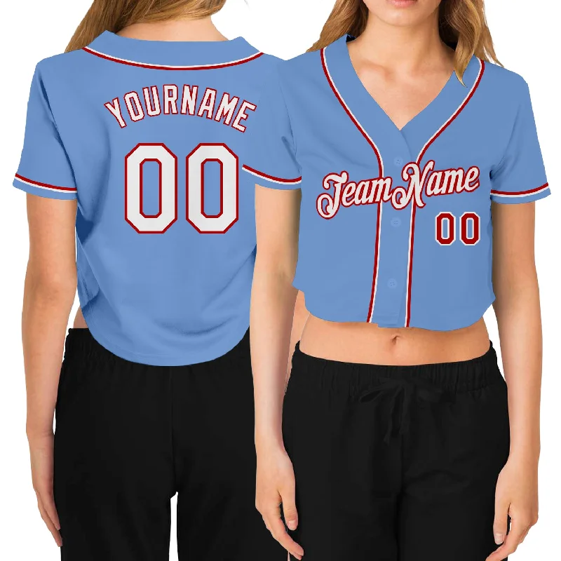 Baseball Jerseys with T-Shirt Style for Casual Look-Custom Women's Light Blue White-Red V-Neck Cropped Baseball Jersey