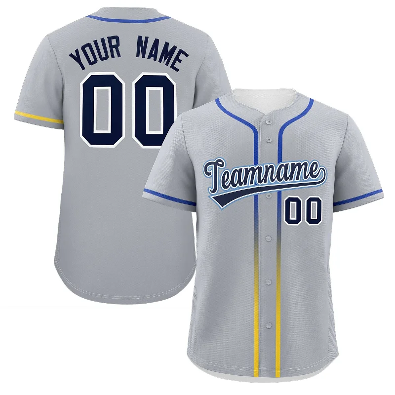 Baseball Jerseys with Tapered Cut for Modern Appeal-Custom Light Gray Navy Personalized Gradient Ribbed Design Authentic Baseball Jersey