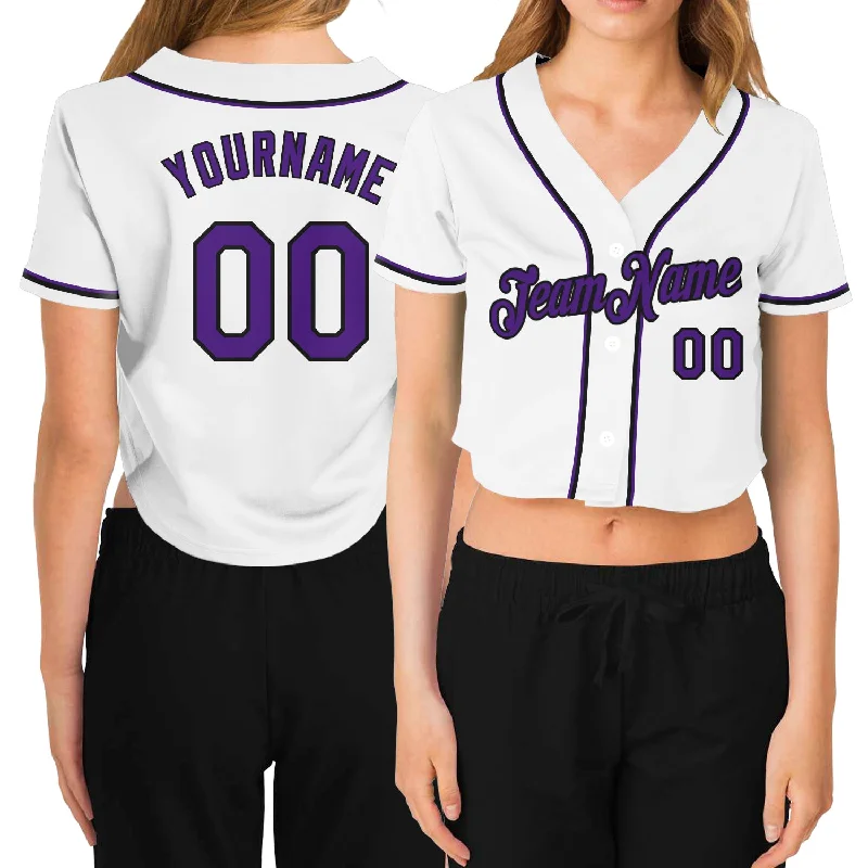 Baseball Jerseys with Reinforced Stitching for Durability-Custom Women's White Purple-Black V-Neck Cropped Baseball Jersey