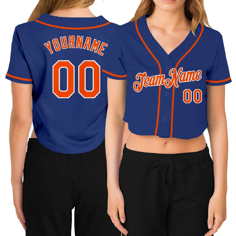 Baseball Jerseys with Customizable Back Designs for Personal Style-Custom Women's Royal Orange-White V-Neck Cropped Baseball Jersey