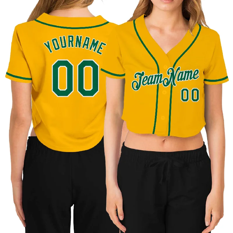 Baseball Jerseys with Stretchable Material for Maximum Comfort-Custom Women's Gold Kelly Green-White V-Neck Cropped Baseball Jersey