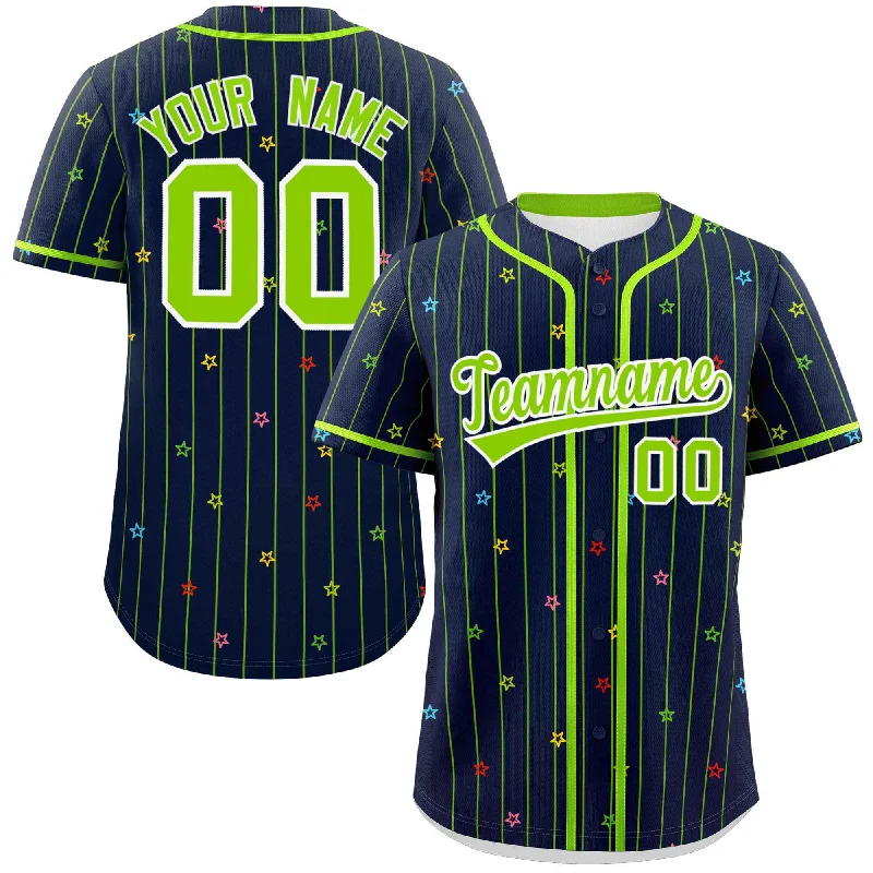 Baseball Jerseys with Sublimated Design for Unique Patterns-Custom Navy Neon Green Stripe Fashion Personalized Star Pattern Authentic Baseball Jersey