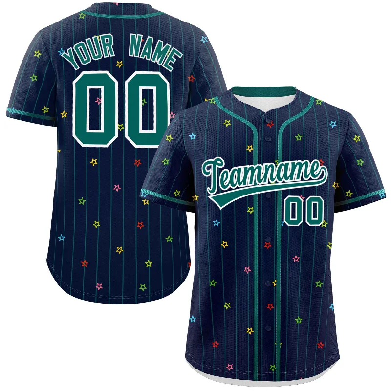 Baseball Jerseys with Comfortable, Moisture-Wicking Lining-Custom Navy Aqua Stripe Fashion Personalized Star Pattern Authentic Baseball Jersey