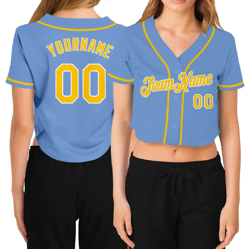 Baseball Jerseys with Anti-Chafe Seams for Comfort-Custom Women's Light Blue Gold-White V-Neck Cropped Baseball Jersey