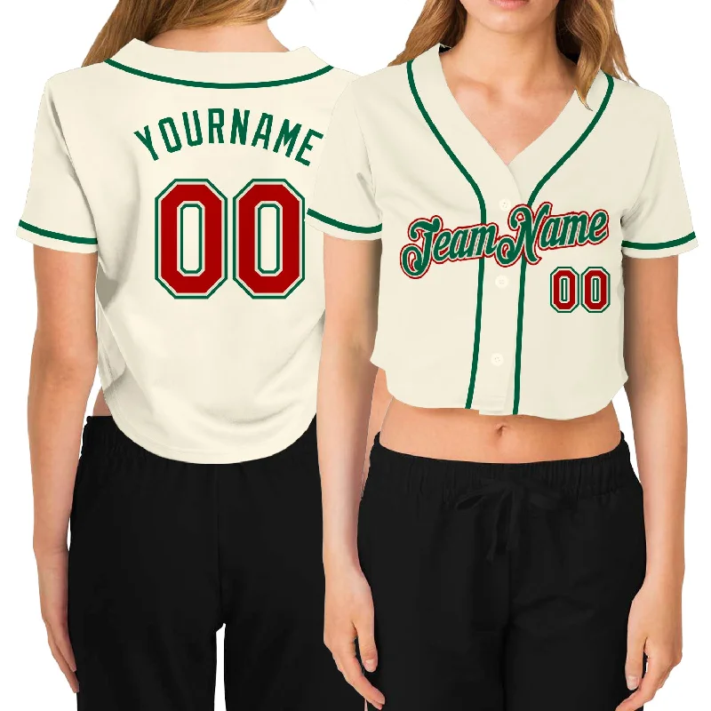 Baseball Jerseys with Mesh Sides for Extra Airflow-Custom Women's Cream Red-Kelly Green V-Neck Cropped Baseball Jersey