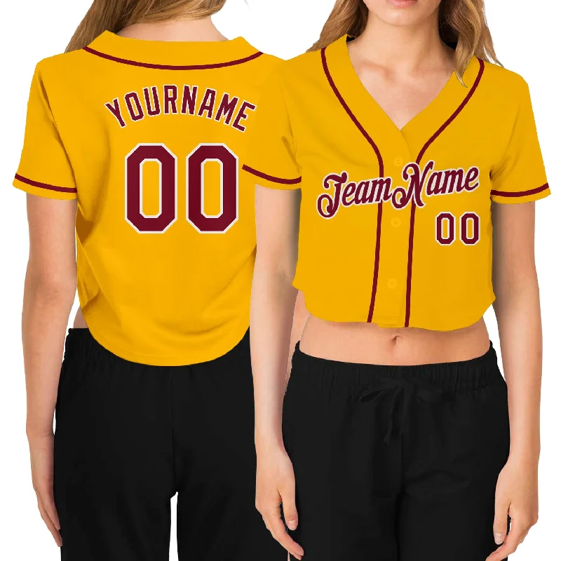 Baseball Jerseys with Unique Graphic Prints for Personal Style-Custom Women's Gold Crimson-White V-Neck Cropped Baseball Jersey