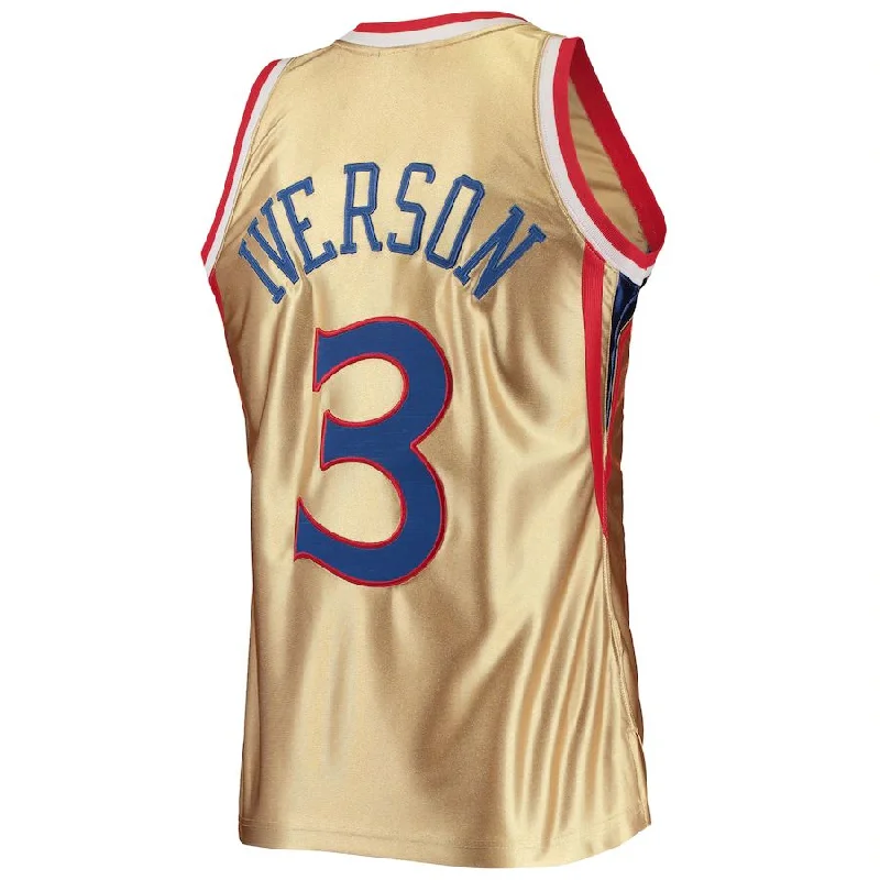 Basketball Jerseys with Full-Button Closure for Traditional Style-PH.76ers #3 Allen Iverson Mitchell & Ness 75th Anniversary 1996-97 Hardwood Classics Swingman Jersey Gold Stitched American Basketball Jersey