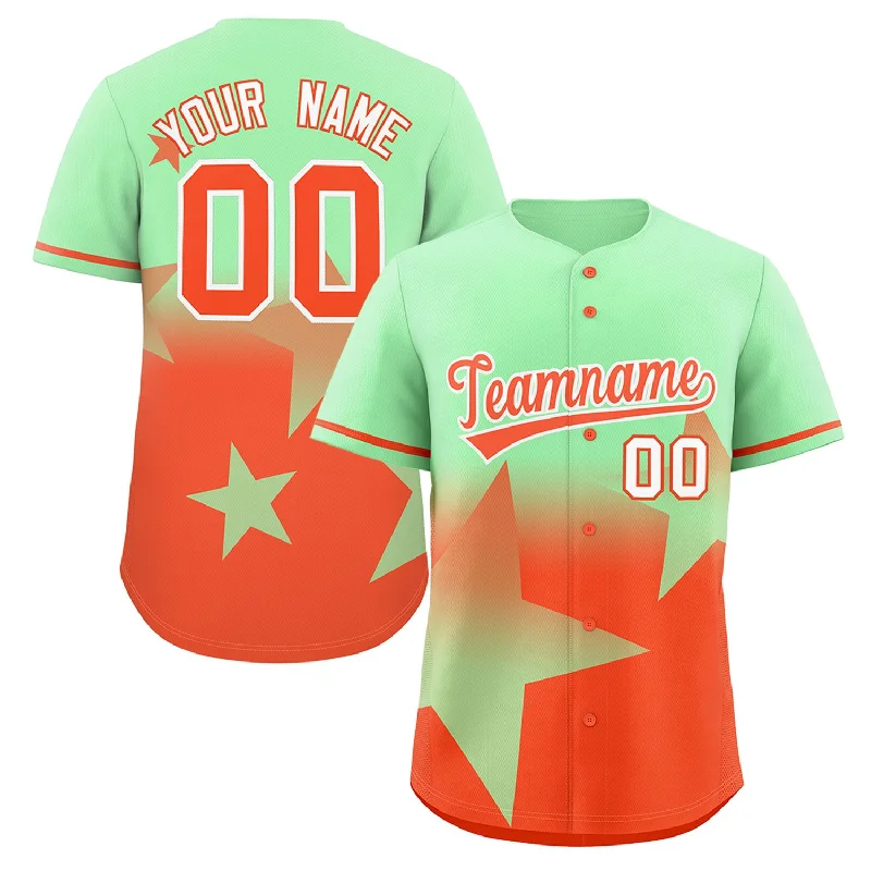 Baseball Jerseys with Mesh Back for Extra Cooling-Custom Lt Green Orange Gradient Star Graffiti Pattern Authentic Baseball Jersey