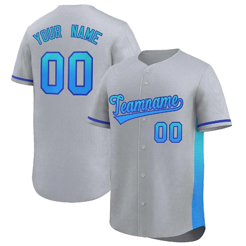 Baseball Jerseys with Breathable Mesh Panels for Ventilation-Custom Light Gray Sky Blue-Powder Blue Personalized Gradient Font And Side Design Authentic Baseball Jersey