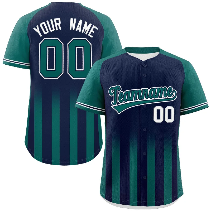 Baseball Jerseys with High-Performance Fabrics for Serious Athletes-Custom Navy Aqua Raglan Sleeves Gradient Thick Stripe Authentic Baseball Jersey