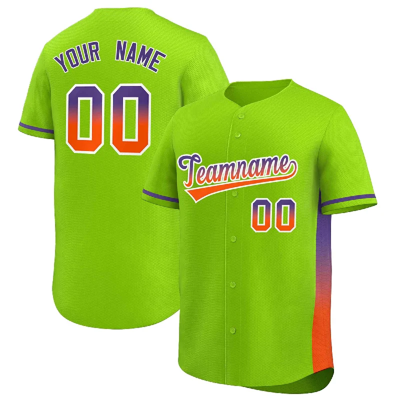 Baseball Jerseys with Soft Collar for Comfort-Custom Neon Green Purple-Orange Personalized Gradient Font And Side Design Authentic Baseball Jersey