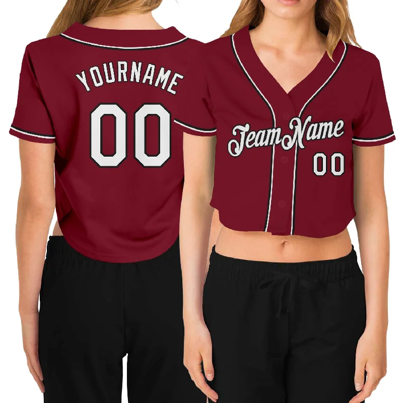 Baseball Jerseys with Anti-Odor Technology for Comfort-Custom Women's Crimson White-Black V-Neck Cropped Baseball Jersey