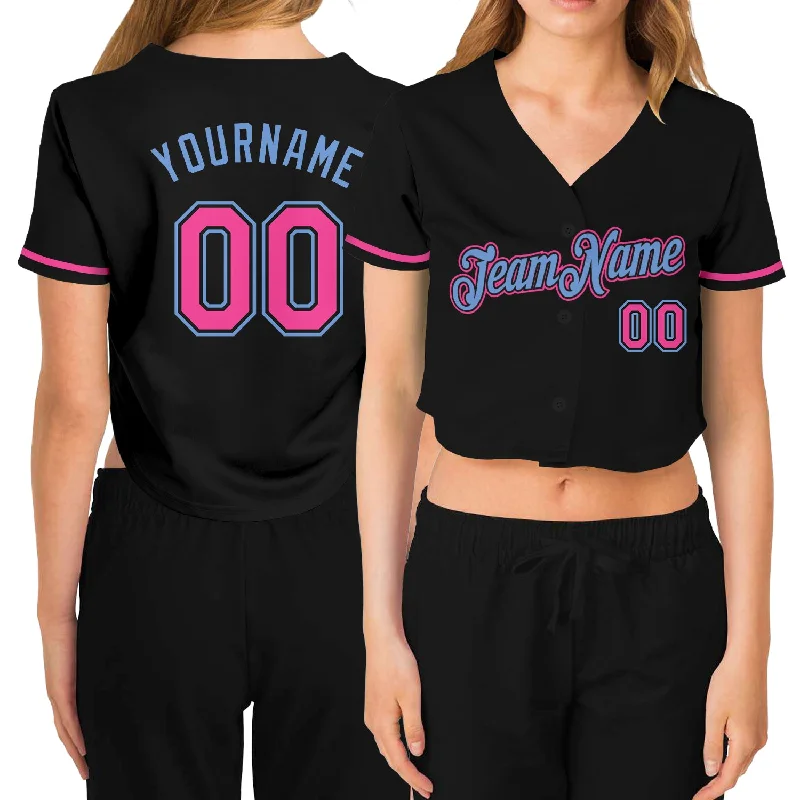 Baseball Jerseys with Full-Length Sleeves for Full Coverage-Custom Women's Black Pink-Light Blue V-Neck Cropped Baseball Jersey