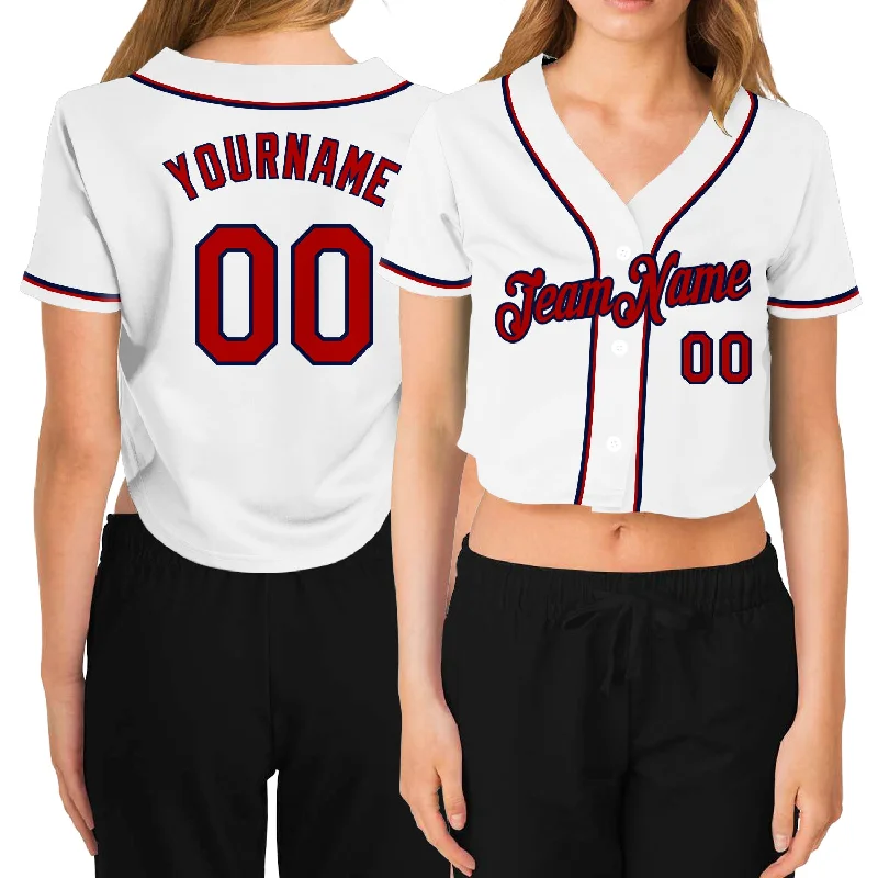 Baseball Jerseys with Soft Touch Fabric for All-Day Comfort-Custom Women's White Red-Navy V-Neck Cropped Baseball Jersey