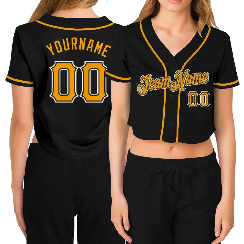 Baseball Jerseys with Tapered Sleeves for Stylish Fit-Custom Women's Black Gold-White V-Neck Cropped Baseball Jersey