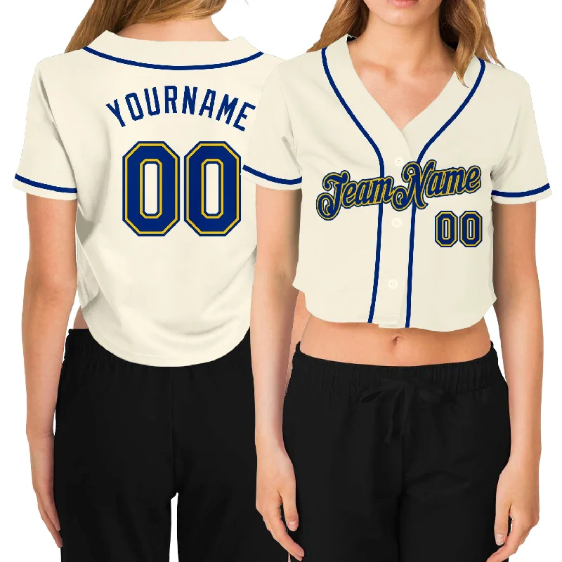 Youth Baseball Jerseys with Personalized Name and Number-Custom Women's Cream Royal-Gold V-Neck Cropped Baseball Jersey