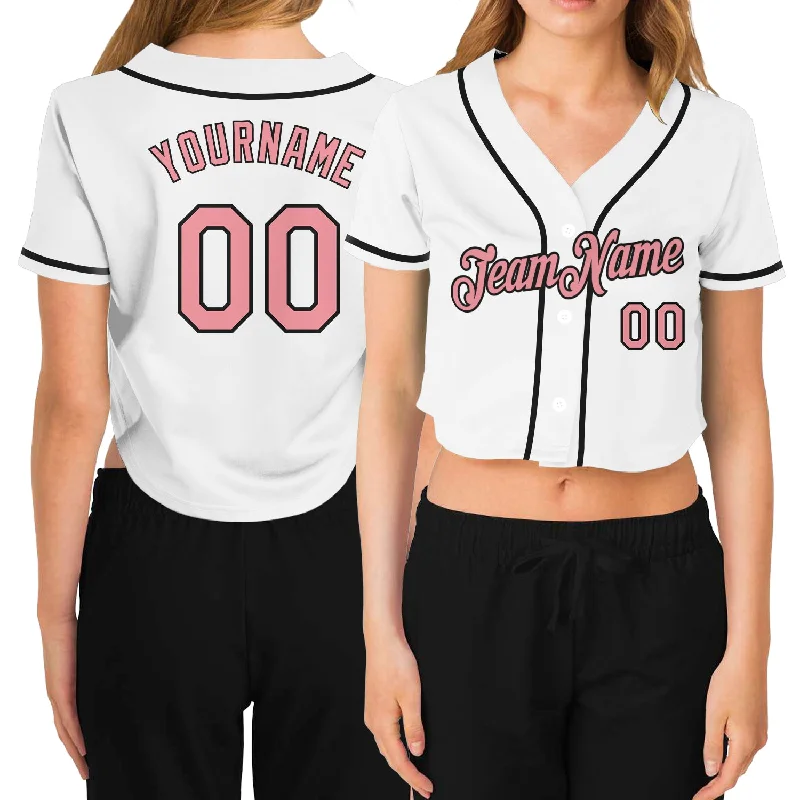 Custom Baseball Jerseys with Team Colors and Branding-Custom Women's White Medium Pink-Black V-Neck Cropped Baseball Jersey