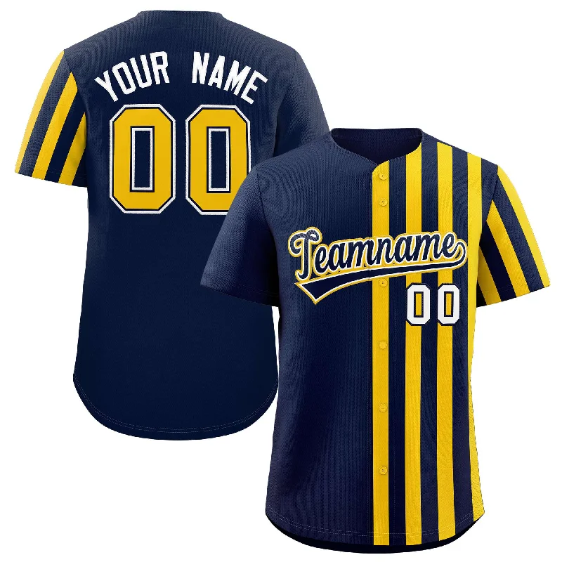 Baseball Jerseys with Extended Back for Comfort and Fit-Custom Navy Gold Thick Stripe Fashion Design Authentic Baseball Jersey