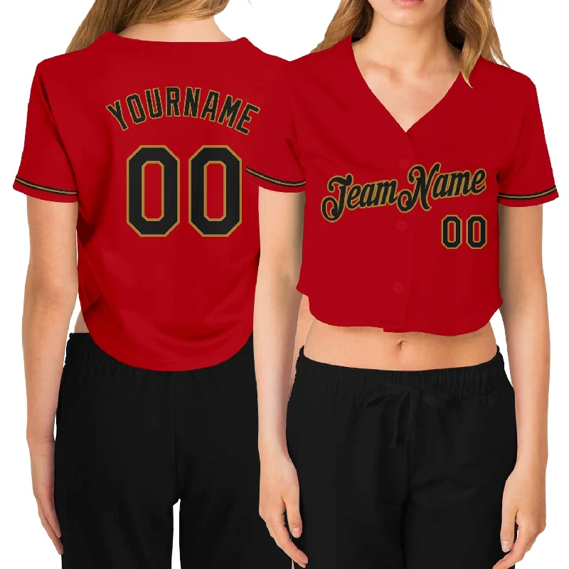 Baseball Jerseys with Raglan Sleeves for Mobility-Custom Women's Red Black-Old Gold V-Neck Cropped Baseball Jersey