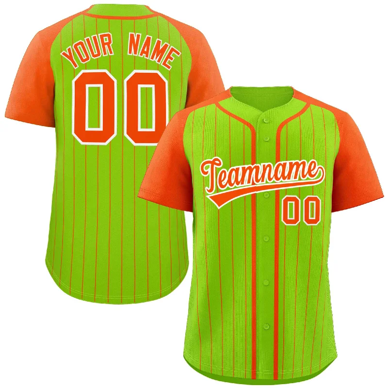 Baseball Jerseys with Extended Back for Comfort and Fit-Custom Neon Green Orange-White Stripe Fashion Raglan Sleeves Authentic Baseball Jersey