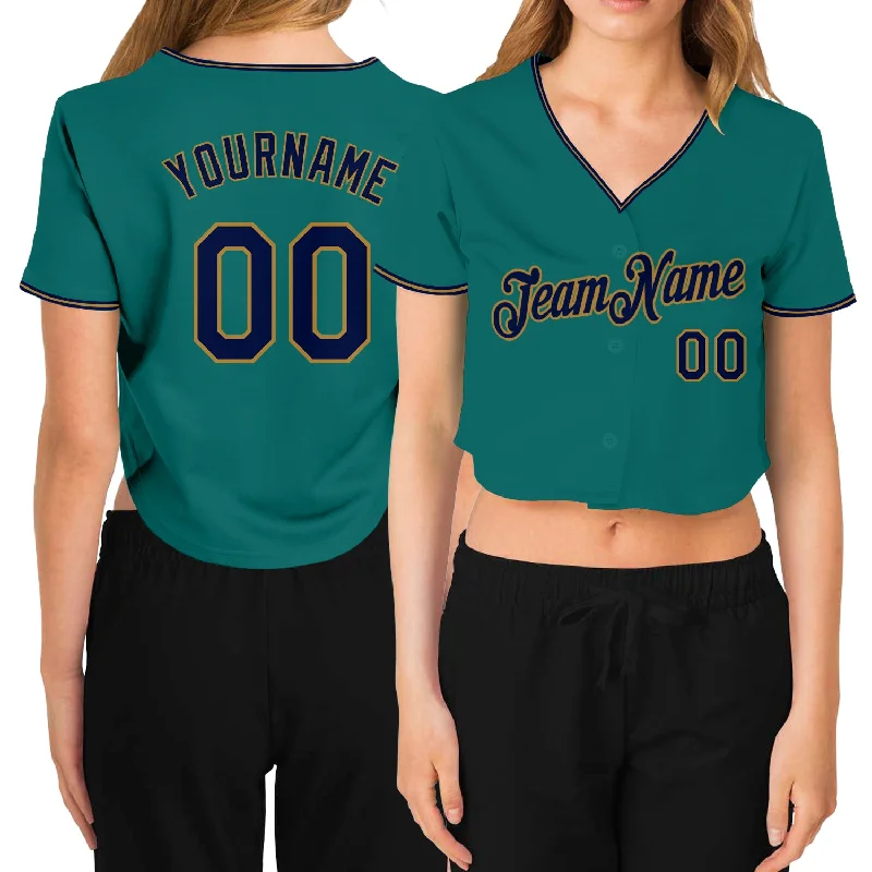 Baseball Jerseys with Adjustable Neck Design for Perfect Fit-Custom Women's Aqua Navy-Old Gold V-Neck Cropped Baseball Jersey