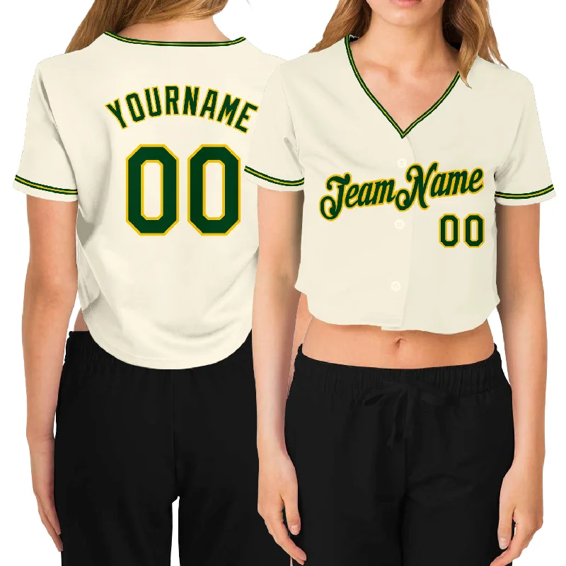 Baseball Jerseys with Bold Color Contrast for Standout Look-Custom Women's Cream Green-Gold V-Neck Cropped Baseball Jersey