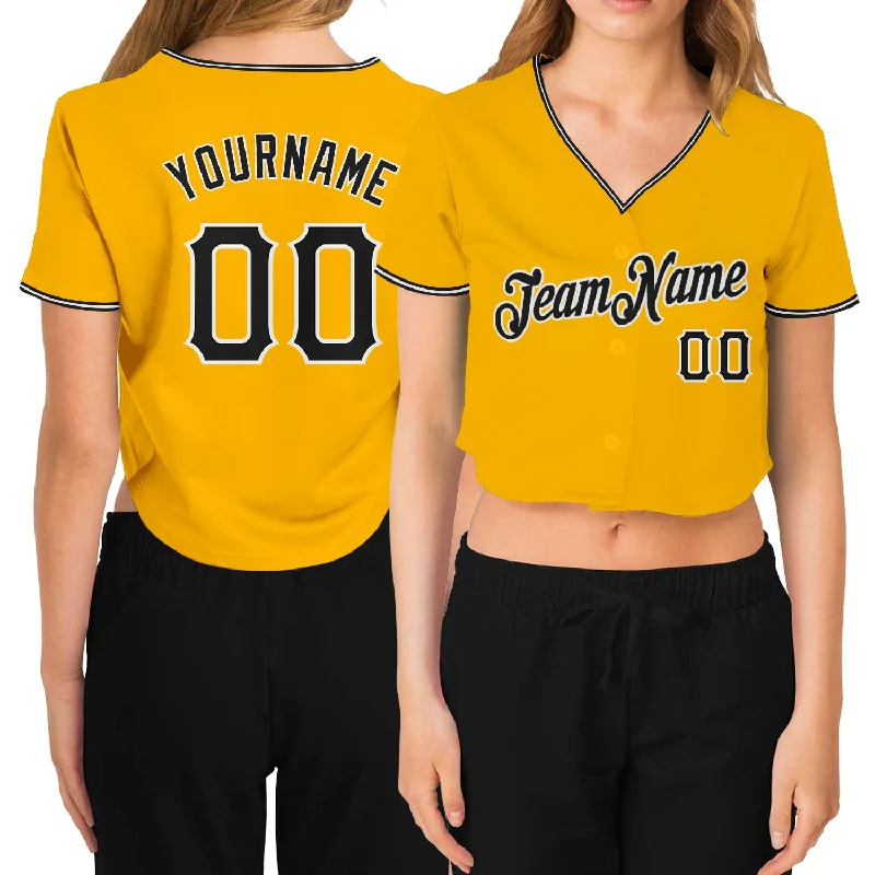 Baseball Jerseys with Full-Length Sleeves for Full Coverage-Custom Women's Gold Black-White V-Neck Cropped Baseball Jersey