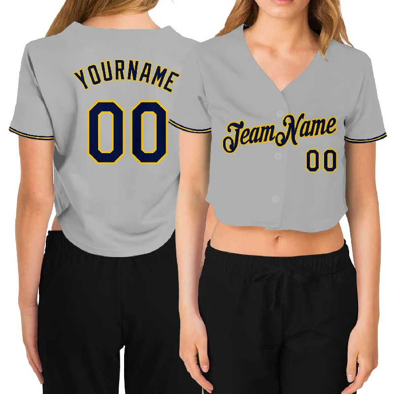 Baseball Jerseys with Unique Graphic Prints for Personal Style-Custom Women's Gray Navy-Gold V-Neck Cropped Baseball Jersey