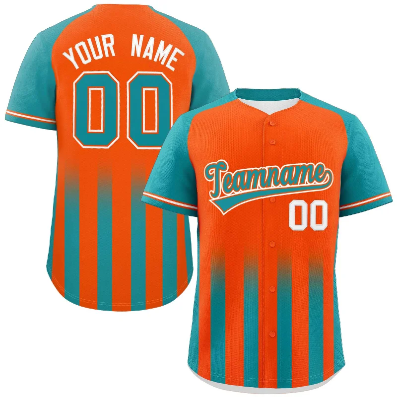 Baseball Jerseys with Elastic Cuffs for Snug Fit-Custom Orange Aqua Raglan Sleeves Gradient Thick Stripe Authentic Baseball Jersey