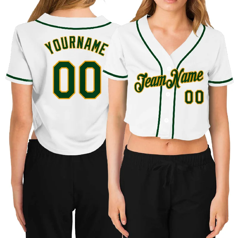 Baseball Jerseys with Comfortable, Moisture-Wicking Lining-Custom Women's White Green-Gold V-Neck Cropped Baseball Jersey