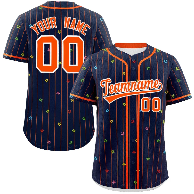 Baseball Jerseys with T-Shirt Style for Casual Look-Custom Navy Orange Stripe Fashion Personalized Star Pattern Authentic Baseball Jersey