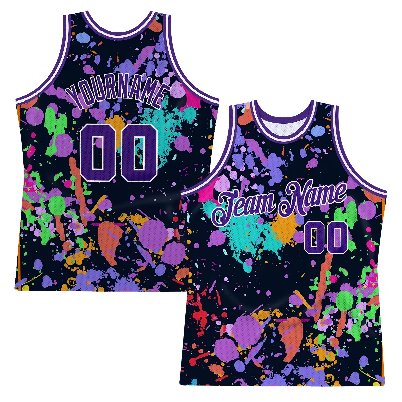 Basketball Jerseys with Vintage Style for Old-School Look-Custom Graffiti Pattern Purple-White 3D Splashes Authentic Basketball Jersey