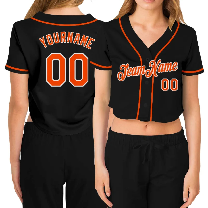 Baseball Jerseys with Double-Stitched Seams for Durability-Custom Women's Black Orange-White V-Neck Cropped Baseball Jersey