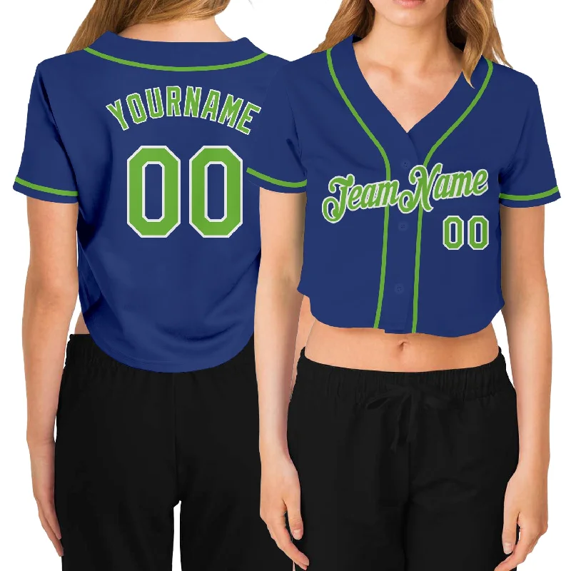 Baseball Jerseys with Contrast Stitching for Bold Design-Custom Women's Royal Neon Green-White V-Neck Cropped Baseball Jersey