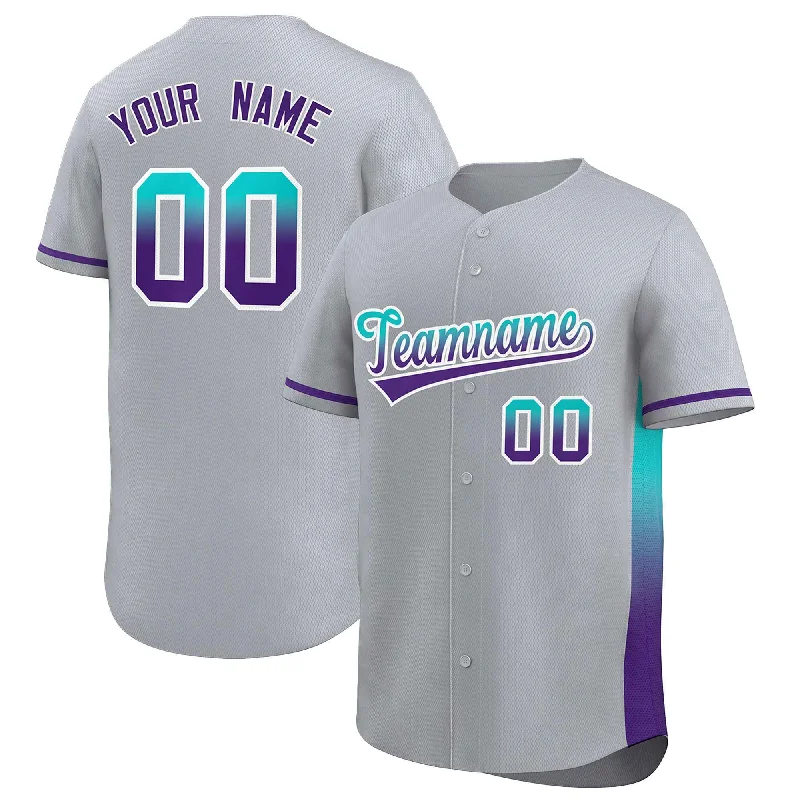 Baseball Jerseys with Custom Team Logos-Custom Light Gray Aqua-Purple Personalized Gradient Font And Side Design Authentic Baseball Jersey