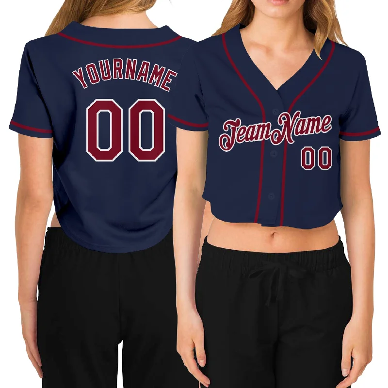 Baseball Jerseys with Padded Neck for Extra Comfort-Custom Women's Navy Crimson-White V-Neck Cropped Baseball Jersey