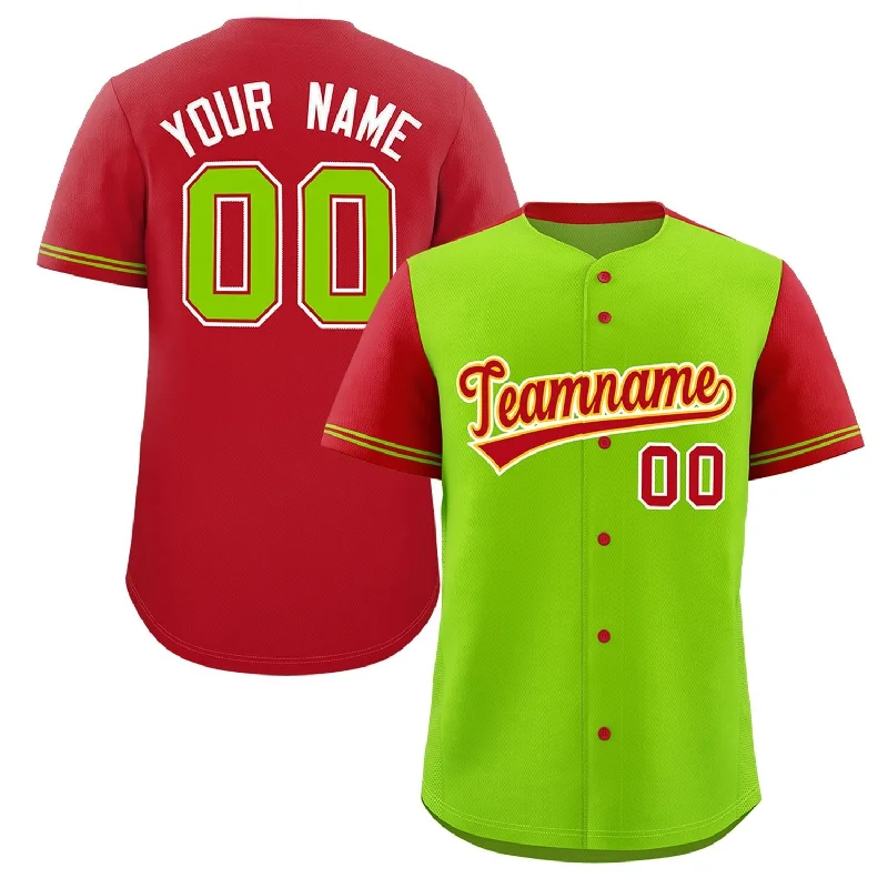 Baseball Jerseys with T-Shirt Style for Casual Look-Custom Neon Green Red Color Block Personalized Raglan Sleeves Authentic Baseball Jersey