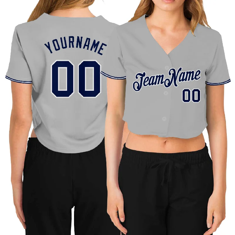 Baseball Jerseys with Stretchable Material for Maximum Comfort-Custom Women's Gray Navy-White V-Neck Cropped Baseball Jersey