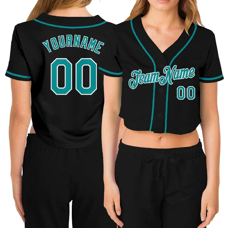 Baseball Jerseys with Minimalist Style for Sleek Appearance-Custom Women's Black Aqua-White V-Neck Cropped Baseball Jersey