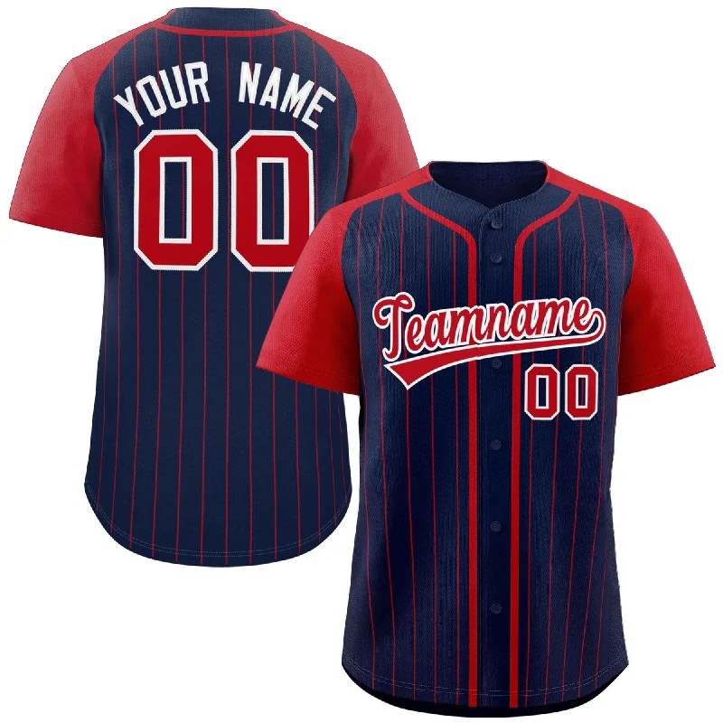 Baseball Jerseys with Non-Iron Fabric for Low Maintenance-Custom Navy Red-White Stripe Fashion Raglan Sleeves Authentic Baseball Jersey