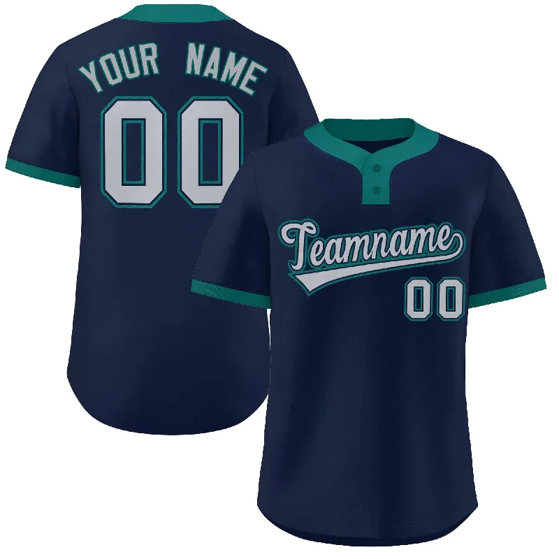 Premium Baseball Jerseys for Professional Teams-Custom Navy Gray-Aqua Classic Style Authentic Two-Button Baseball Jersey