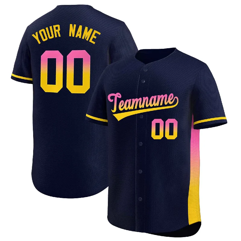 Baseball Jerseys with Zippered Neck for Versatility-Custom Navy Pink-Gold Personalized Gradient Font And Side Design Authentic Baseball Jersey