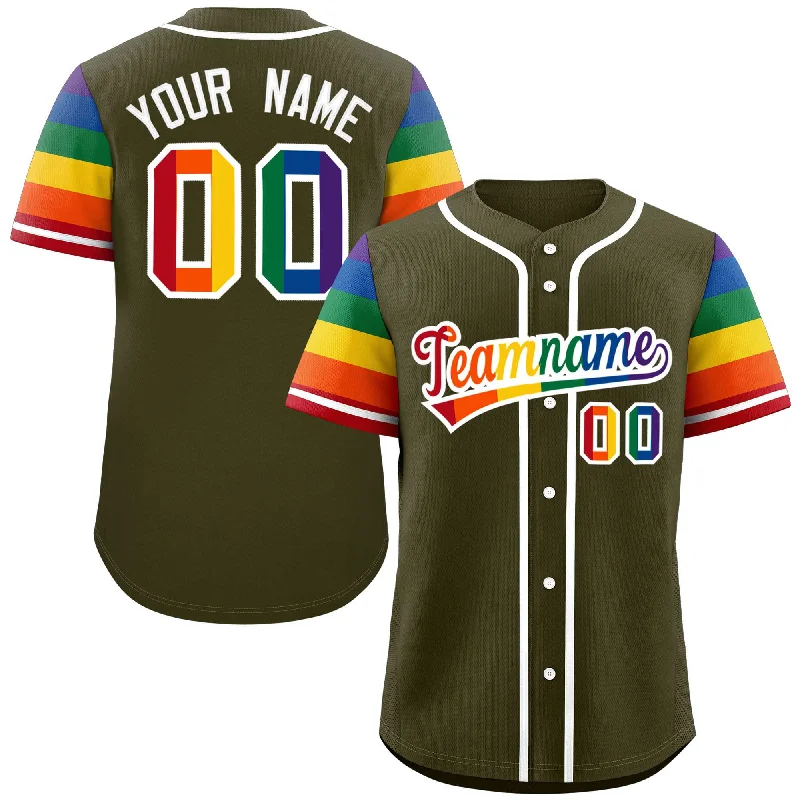 Baseball Jerseys with Soft, Comfortable Neckline for Relaxed Fit-Custom Olive LGBT Rainbow For Pride Month Raglan Sleeves Authentic Baseball Jersey