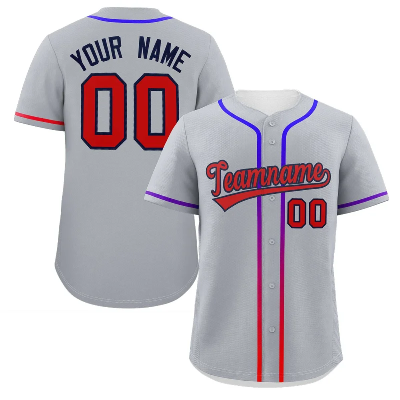 Baseball Jerseys with Durable Fabric for High-Performance Play-Custom Light Gray Red Personalized Gradient Ribbed Design Authentic Baseball Jersey